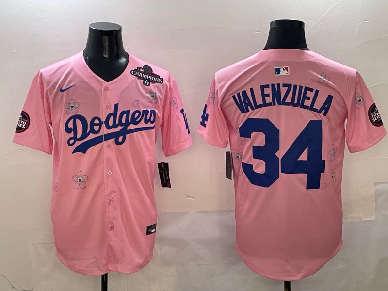 Men Los Angeles Dodgers 34 Valenzuela Pink Sakura Edition 2025 Nike MLB Jersey style 6